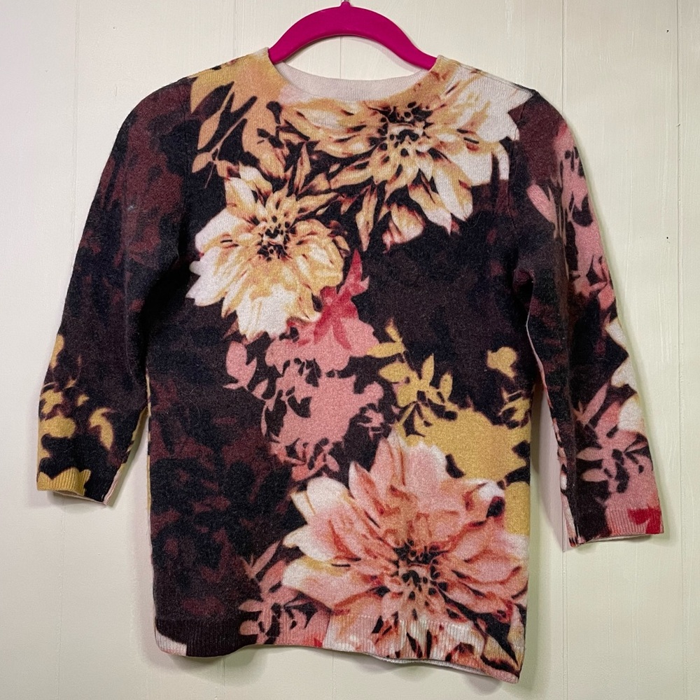Talbots 100% Cashmere Fall Colored Floral Petite Sweater